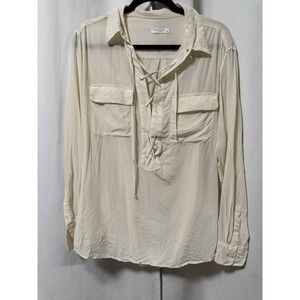 Equipment Femme Womens Silk Lace Up Collared Long Sleeve Blouse Top Cream Size L